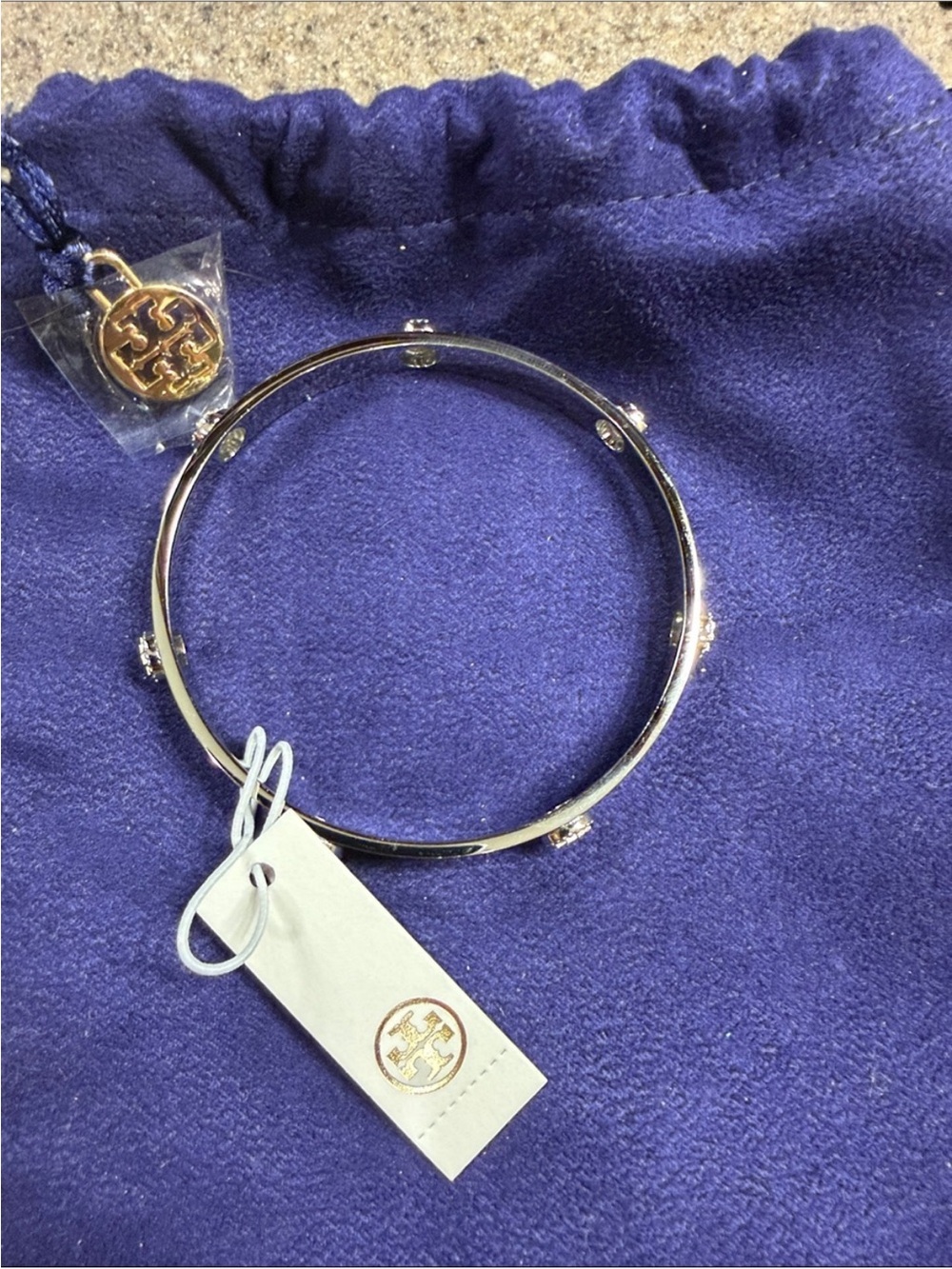 NWT Tory Burch Silver Logo Stud Bangle Bracelet
